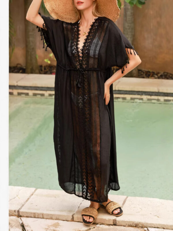 women's beach style white short sleeve Fringed long bikini blouse dress - 图片 2