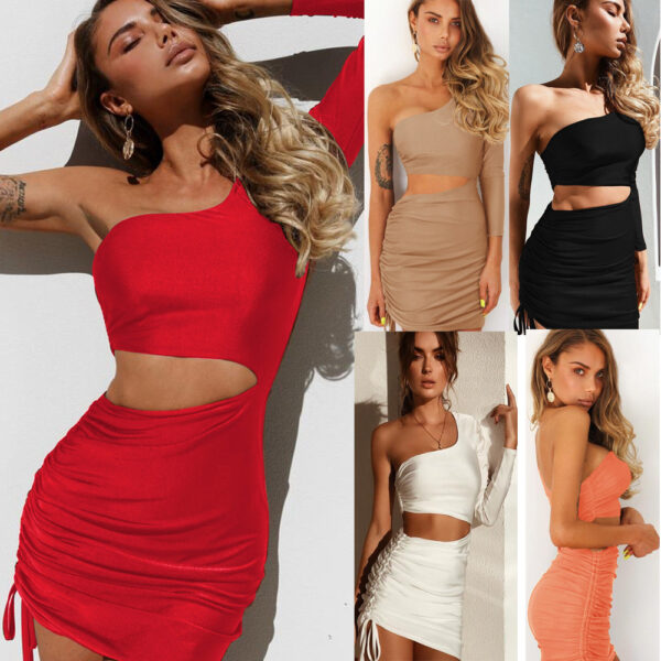 Sexy one-shoulder, cutout, lace-up, long-sleeved, hip-hugging dress