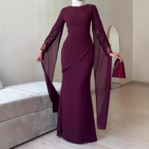 Middle Eastern fashion evening dress features an irregular cinched waist design with sequins pieced dress