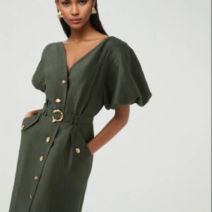 medium-long casual vacation and commuting short-sleeved V-neck solid-color dress