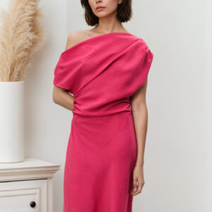 solid-color off-the-shoulder irregular mid-length dress