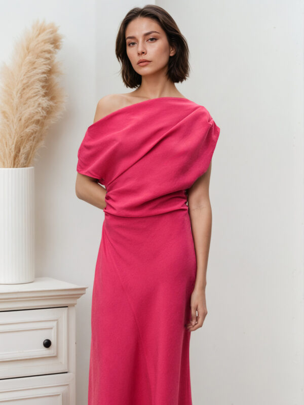 solid-color off-the-shoulder irregular mid-length dress