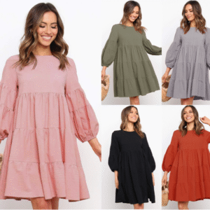 Cotton and linen lantern sleeve long-sleeve patchwork loose a-line dress