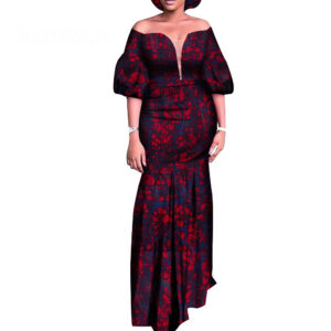 African lady's one-shoulder puffed-sleeve fishtail dress
