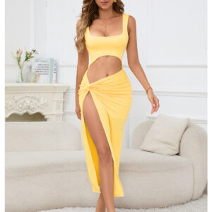 Strapless solid-colored sheer belly-baring sexy dress