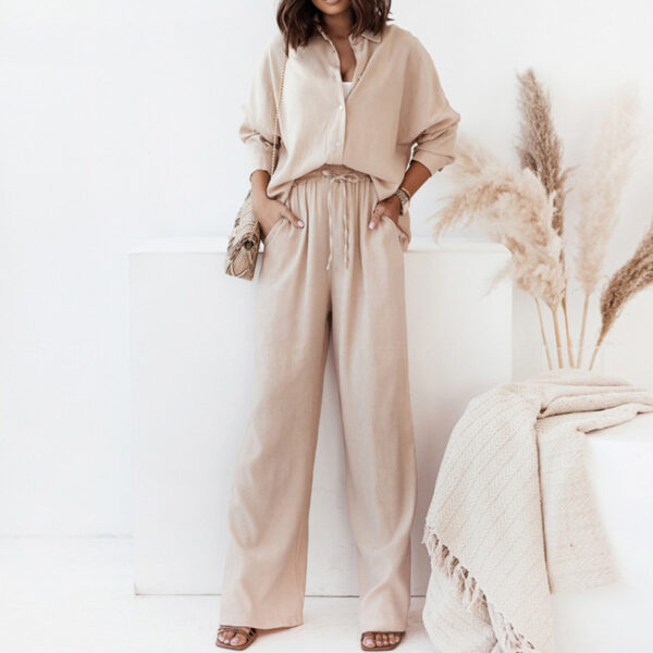 Women's casual solid ruffle shorts and shirt fashion set - 图片 11