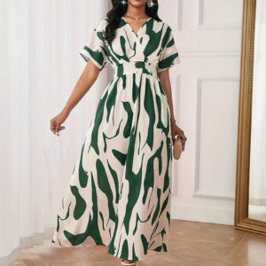 Printed V-neck cinched waist elegant and stylish women's dress