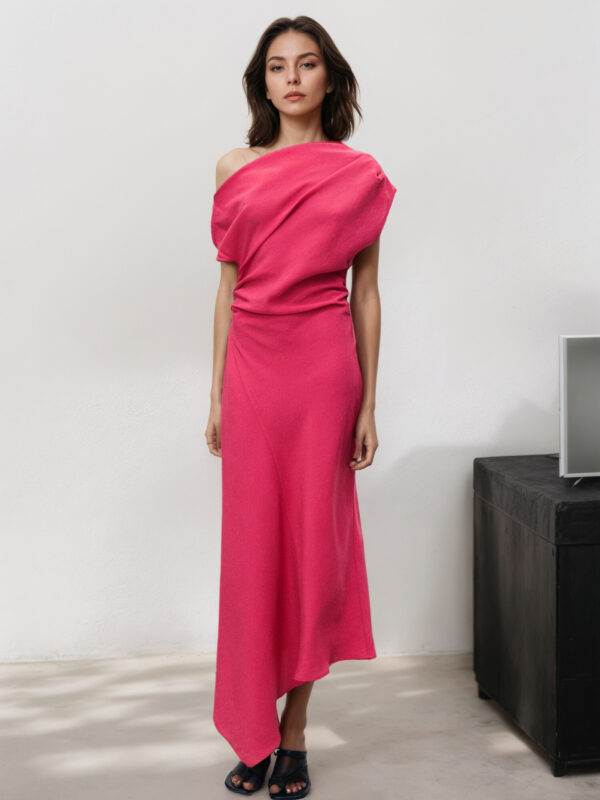 solid-color off-the-shoulder irregular mid-length dress - 图片 2