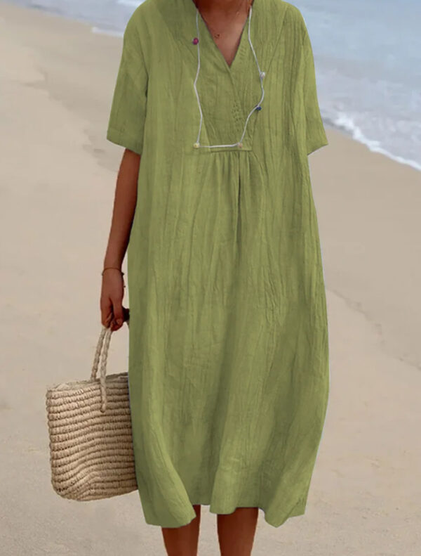 women fashion v neck Solid color linen and cotton long dress - 图片 5