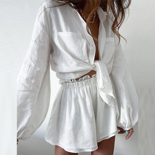 Women's casual solid ruffle shorts and shirt fashion set - 图片 2