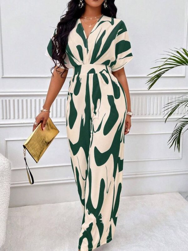 Women V neck short sleeve print Printed batsleeved wide-leg jumpsuit - 图片 6