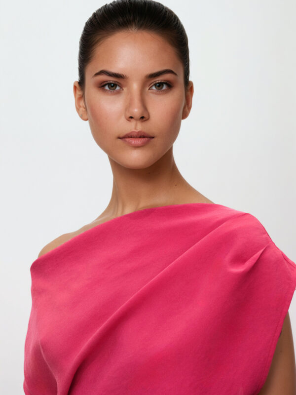 solid-color off-the-shoulder irregular mid-length dress - 图片 4