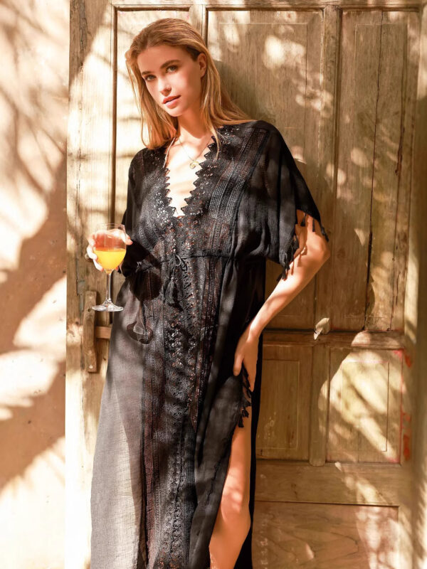 women's beach style white short sleeve Fringed long bikini blouse dress - 图片 4