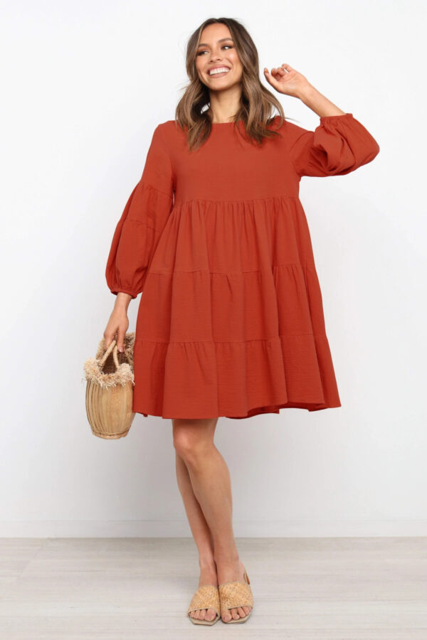 Cotton and linen lantern sleeve long-sleeve patchwork loose a-line dress - 图片 5