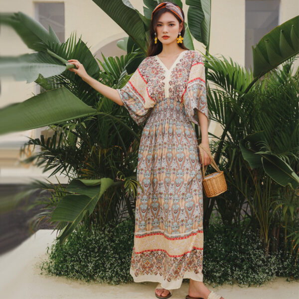 Women V neck short sleeve floral long dress - 图片 6