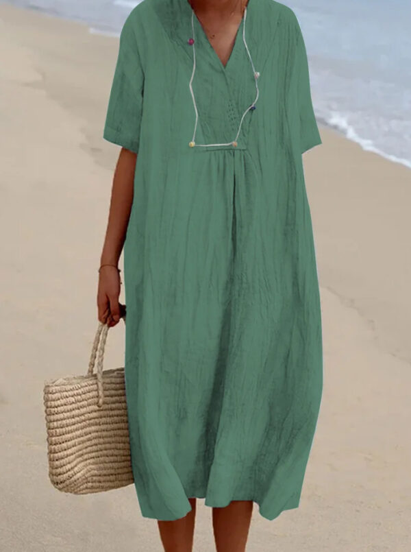 women fashion v neck Solid color linen and cotton long dress - 图片 4