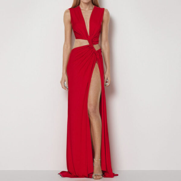 Fashionable Hollow Knot Open-Collar V-Neck Sleeveless Pleated Irregular Dress - 图片 5