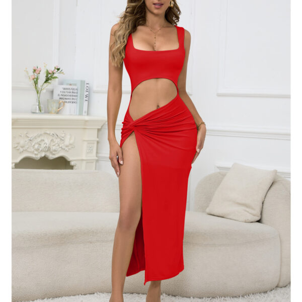 Strapless solid-colored sheer belly-baring sexy dress - 图片 3