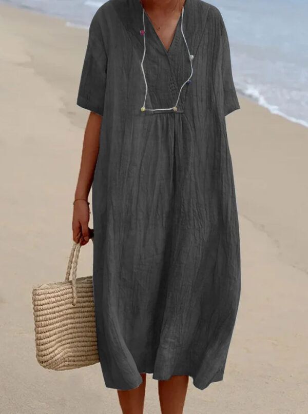 women fashion v neck Solid color linen and cotton long dress - 图片 3