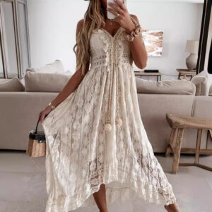uropean and American style lace-spliced long-line halter-neck dress