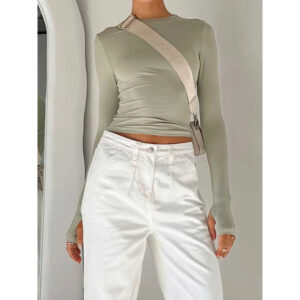 Fashion Women T-shirt Long Sleeve Crew Neck Solid Slim Fit Top