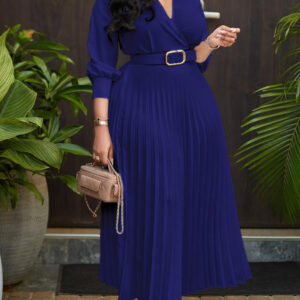 V neck plain color high waisted Pleated dress