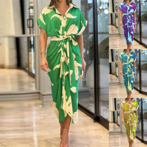 Ladies' printed lapel short-sleeved shirt dress