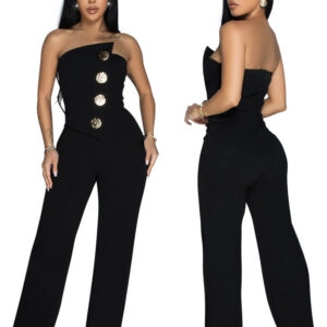 Women sexy and fashionable solid color sheer ruffle design jumpsuit
