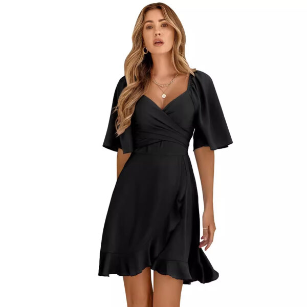 women fashion V-neck solid color cinched waist ruffled summer dress - 图片 6