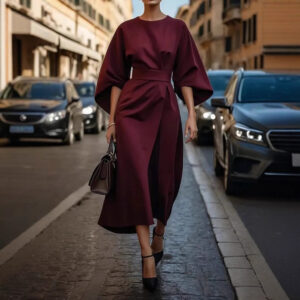 women fashion elegant solid-color cinched-waist dress and a casual batsleeved long dress