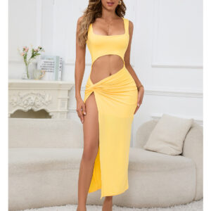 plain color square neck sling cutout umbilical touch dress