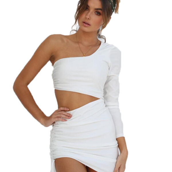 Sexy one-shoulder, cutout, lace-up, long-sleeved, hip-hugging dress - 图片 4