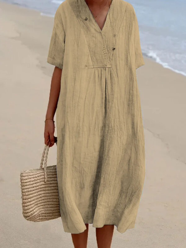 women fashion v neck Solid color linen and cotton long dress - 图片 2