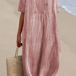 women fashion v neck Solid color linen and cotton long dress