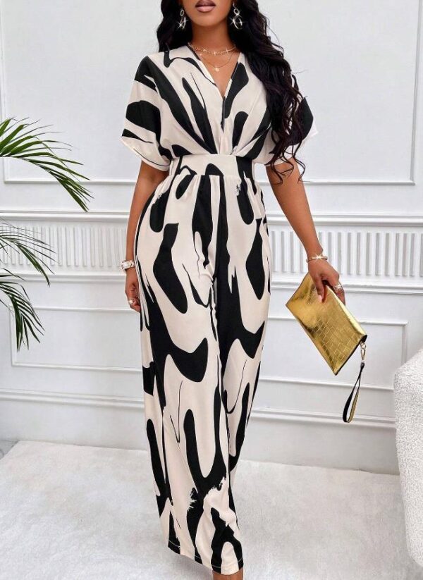Women V neck short sleeve print Printed batsleeved wide-leg jumpsuit - 图片 3