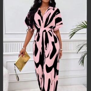 Women V neck short sleeve print Printed batsleeved wide-leg jumpsuit