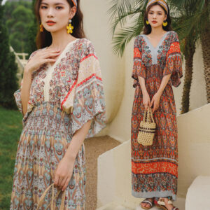 Women V neck short sleeve floral long dress